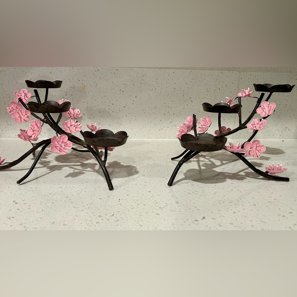 PartyLite Cherry Blossom Tea Light candle holders w/ Brown Metal Base (set of 2)